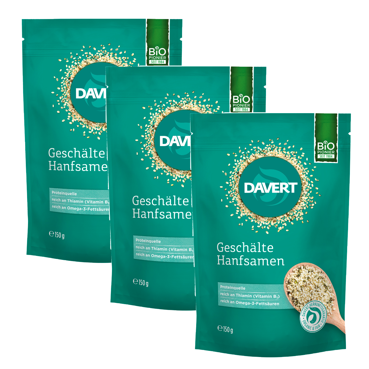 Davert Hanfsamen geschält Bio Beutel 3x 150 g