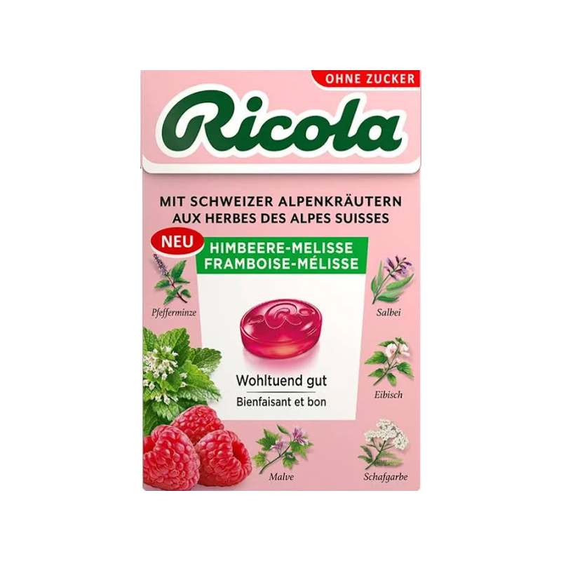 Ricola Himbeere-Melisse ohne Zucker mit Stevia Box 50 g