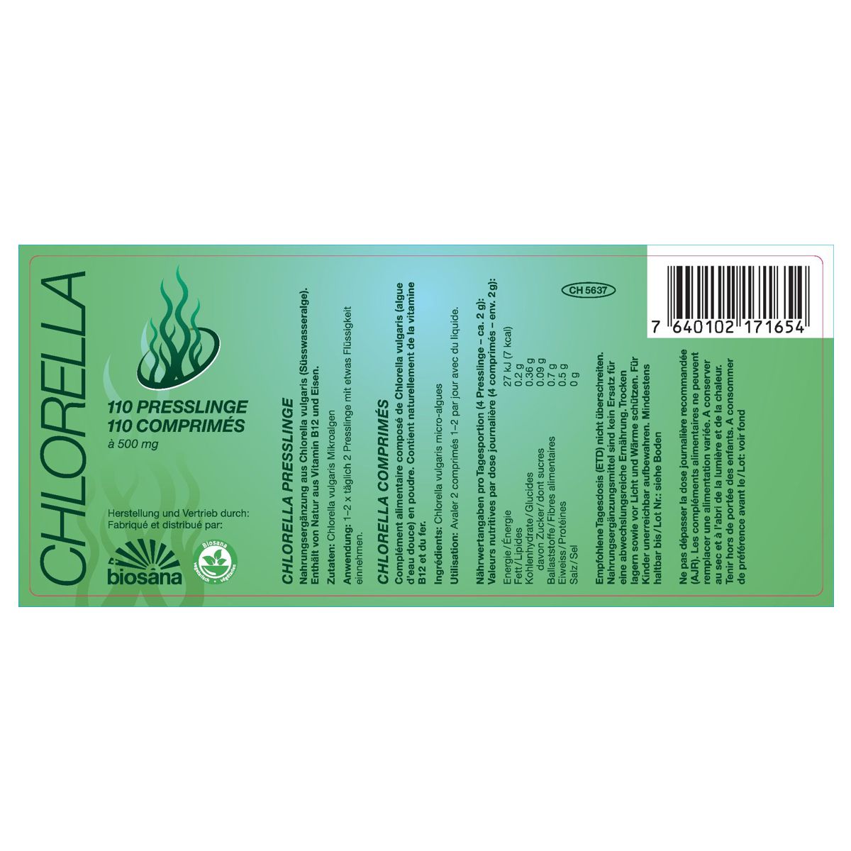 Biosana Chlorella Tabletten 500 mg Dose 110 Stück