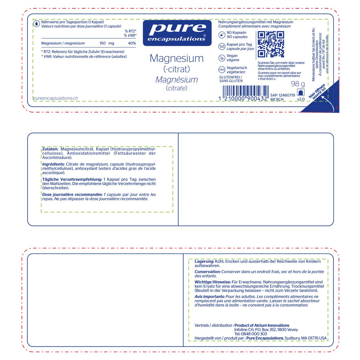 Pure Magnesium Citrat Kapseln Dose 90 Stück