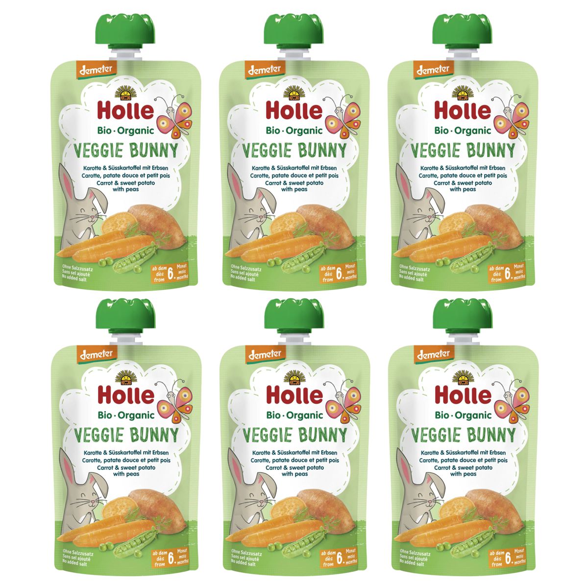 Holle Veggie Bunny Pouchy Karotte Süsskartoffel Erbsen 6x 100 g