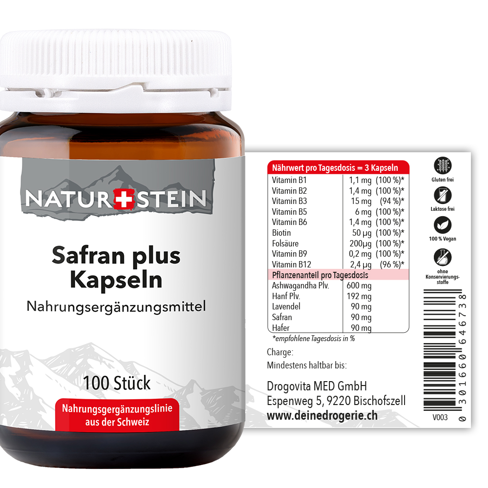 Naturstein Safran plus Kapseln Glas 100 Stück