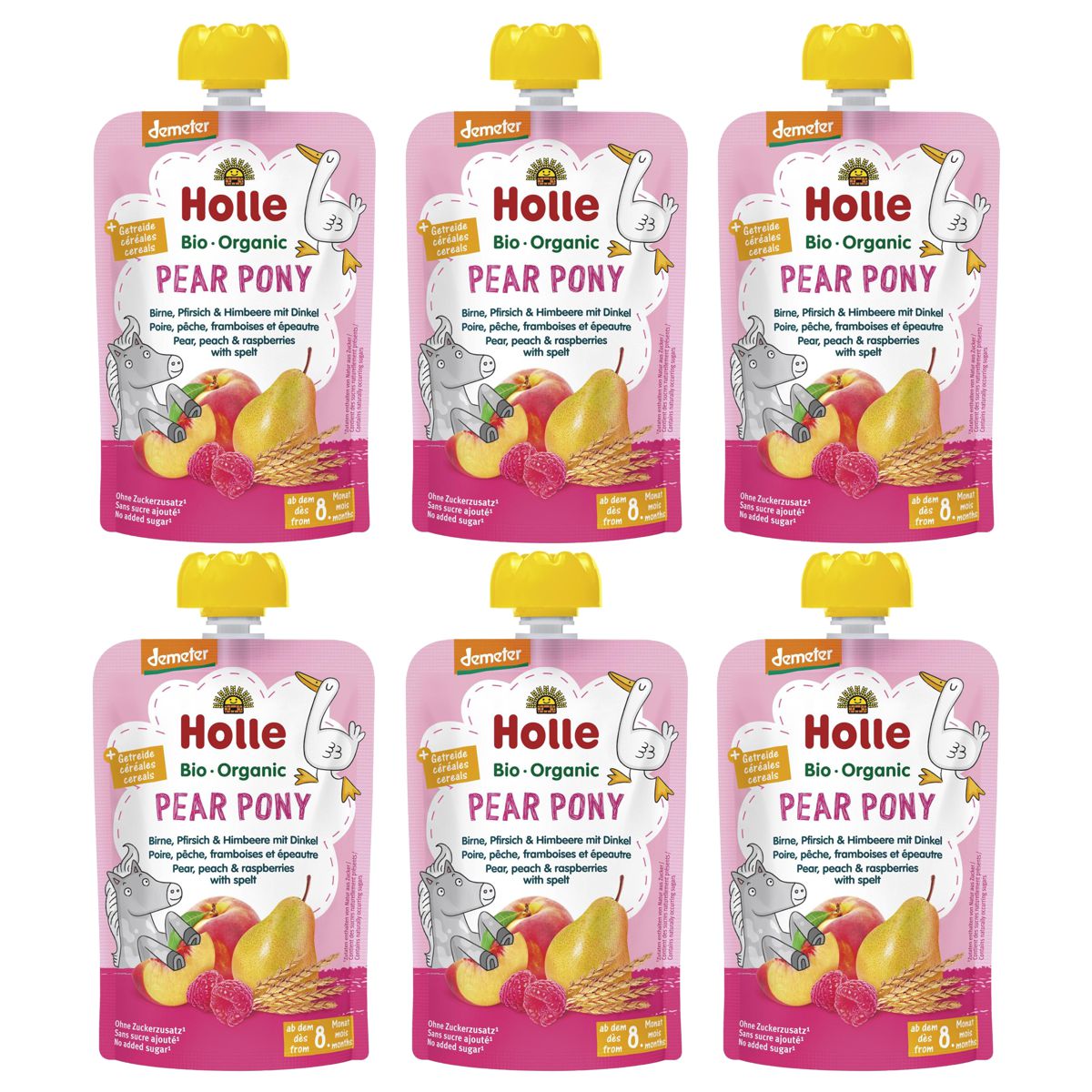 Holle Pear Pony Pouchy Birne Pfirsich Himbeer mit Dinkel 6x 100 g