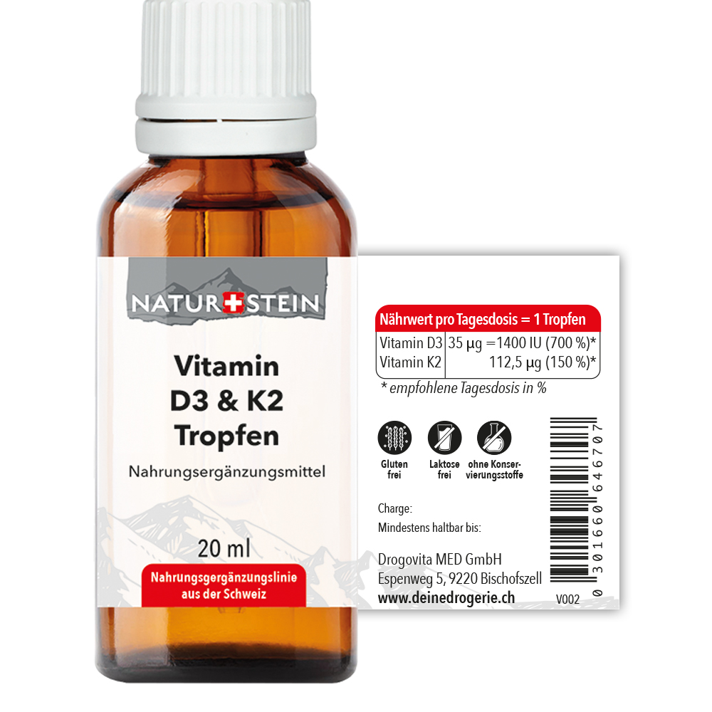 Naturstein Vitamin D3 K2 Öl Tropfen Glasfl 20 ml