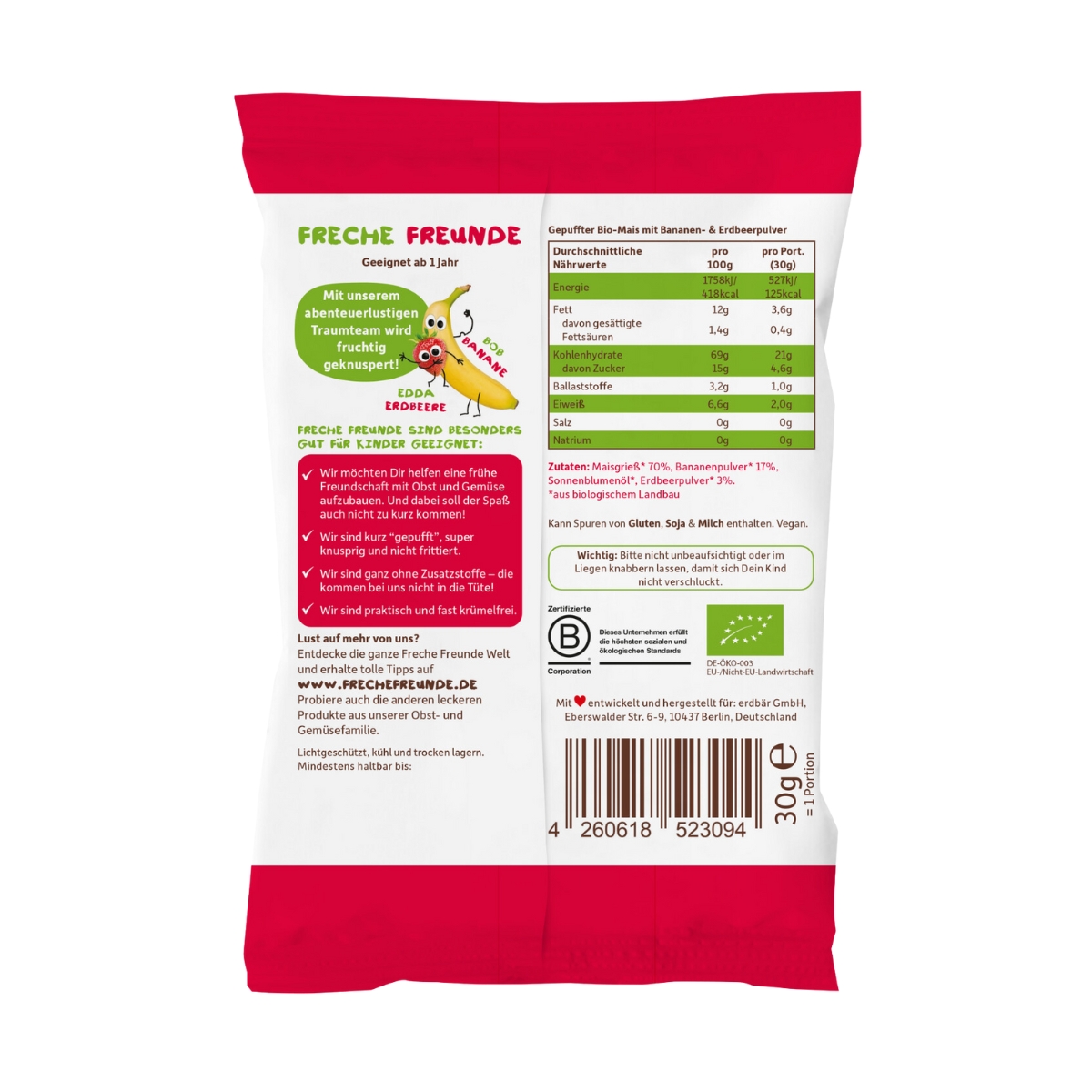 Freche Freunde Knusper-Herzchen Banane und Erdbeere 30 g