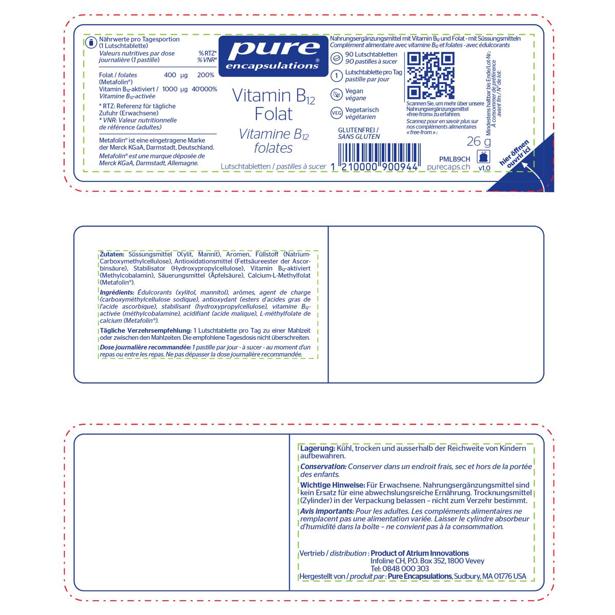 Pure Vitamin B12 Folat Lutschtabletten Dose 90 Stück