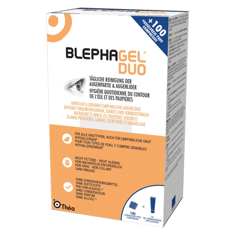 Blephagel Duo Gel 30 g + 100 Pads Verpackung