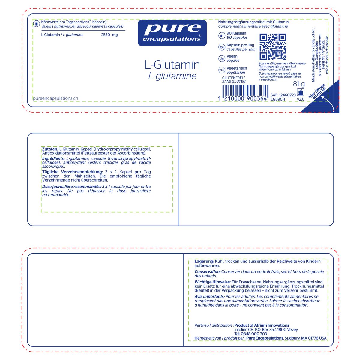 Pure L-Glutamin Kapseln 850 mg Dose 90 Stück